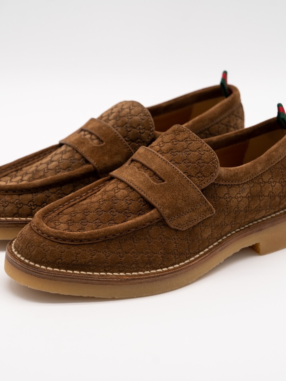 Gucci Men's Penny Loafers GG Moreau Moccasin Brown Suede size 7.5G 8 US